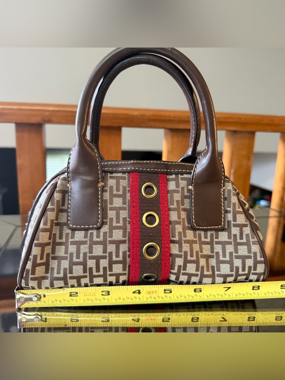 Vintage Tommy Hilfiger Brown Patterned Canvas Satchel with Red Stripe - Picture 6 of 7